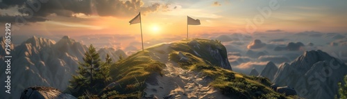 Ascent to business peak, trail on mountain side, goal flag at the top, sunset, embodying the climb to professional success