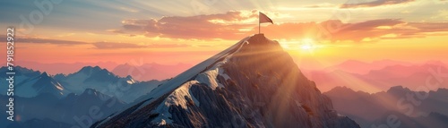 Ascent to business peak, trail on mountain side, goal flag at the top, sunset, embodying the climb to professional success
