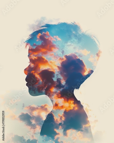 Child’s silhouette, colorful cloud imagination, artistic double exposure effect