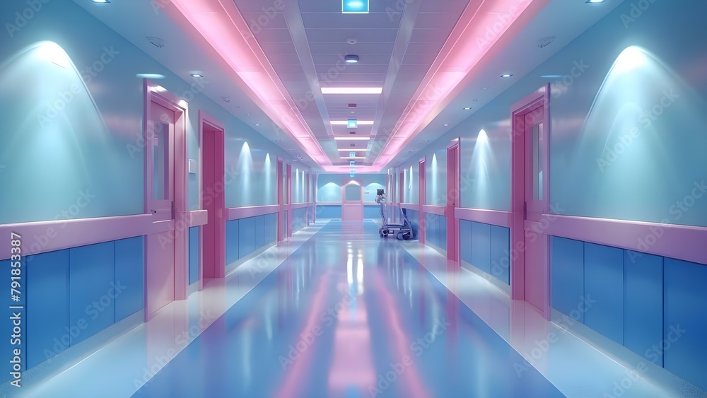 Modern empty hospital corridor with blue and pink pastel decor. Concept Hospital Decor, Modern Setting, Pastel Aesthetics, Empty Corridor, Blue and Pink Palette