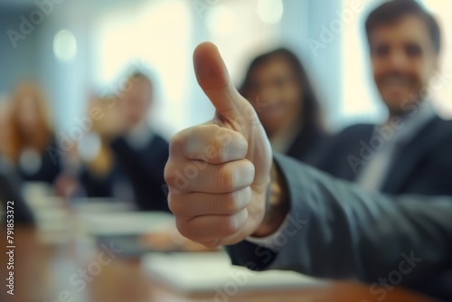 Positive feedback concept, thumb up with a business meeting backdrop, focusing on the gesture of approval