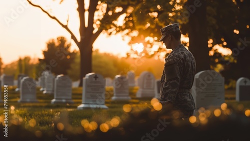Soldier paying homage, white cemetery stones, poignant Memorial Day setting