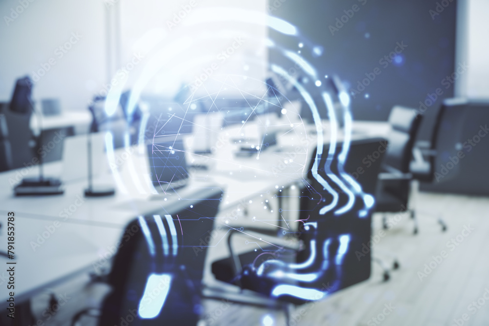 Double exposure of creative artificial Intelligence hologram on modern corporate office background. Neural networks and machine learning concept Double exposure of creative artificial Intelligence hologram on modern corporate office background. Neural networks and machine learning concept