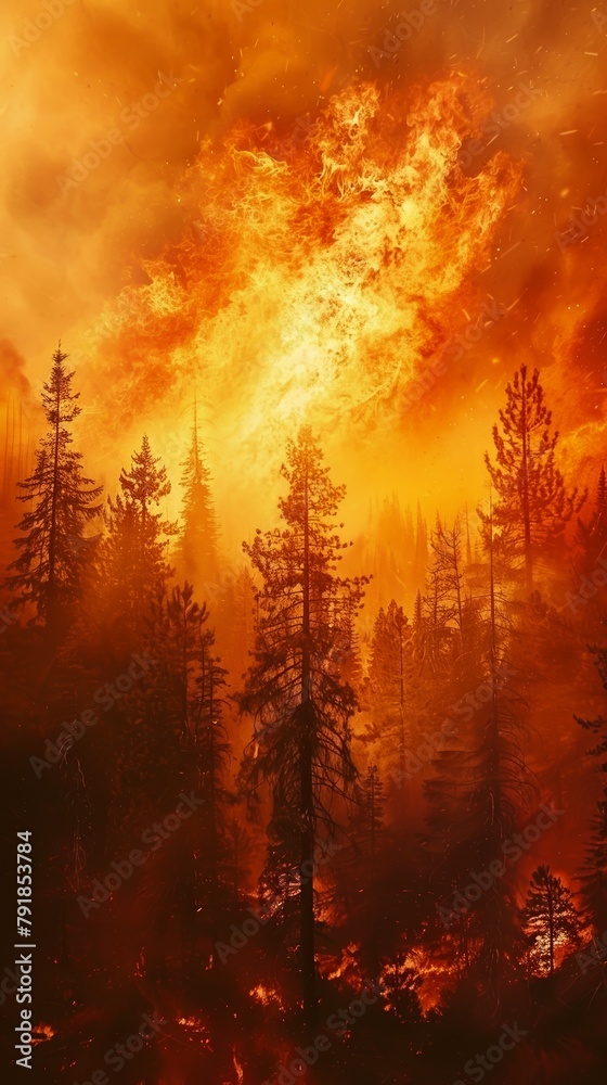 Wildfire’s orange blaze, forest at risk, environmental hazard alert, dramatic scene