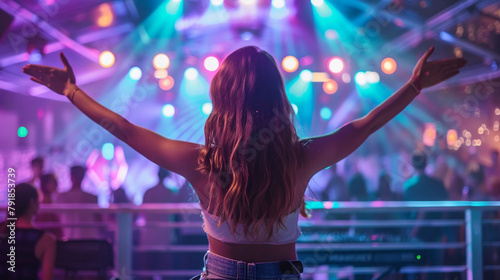A woman seen from back in a music event, dancing in neon color lights photo
