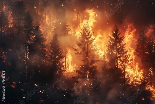 Wildfire menace in dense forest, hazardous flames, emergency nature scene photo