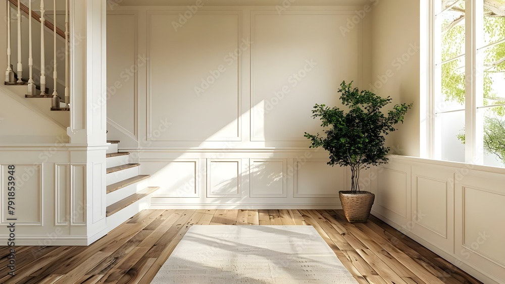 Craftsman style hallway mockup with empty wall for interior design ...