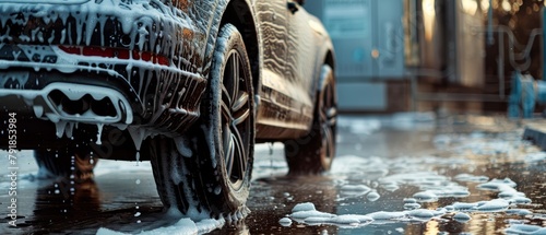 Foam drips off the tyres and rims of an electric car as it is covered in the greasy residue left over from spraying soap and foam on the SUV.