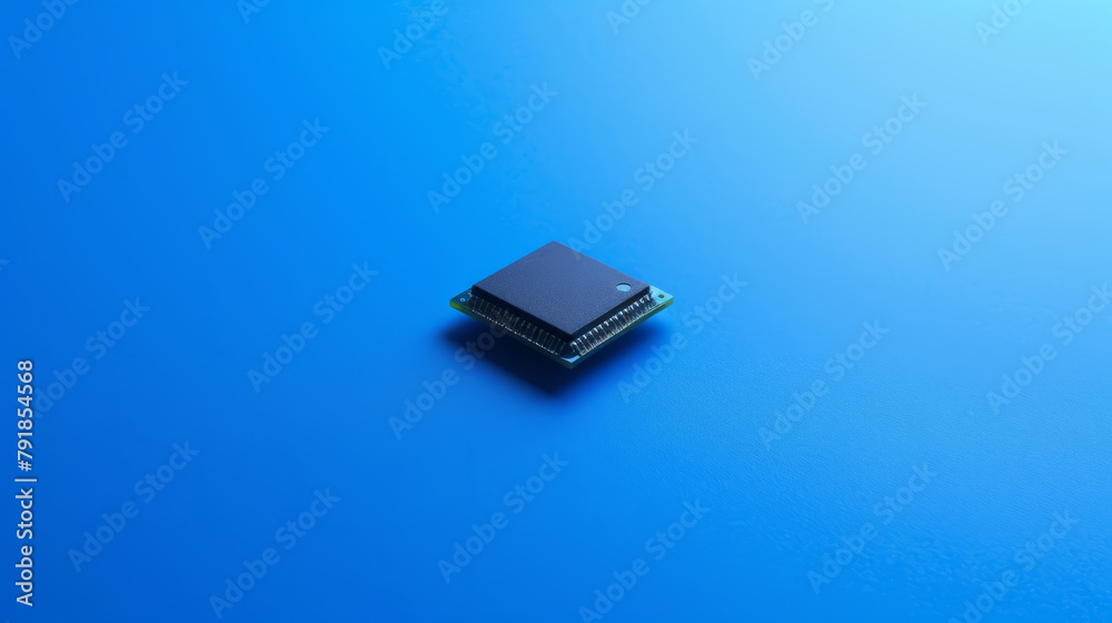 Fototapeta premium A small, simple computer chip placed centrally on a bright blue background to symbolize AI technology