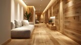 Contemporary wooden hallway decor featuring cozy furniture and modern design elements. Concept Contemporary Decor, Wooden Furniture, Hallway Design, Modern Elements, Cozy Ambiance