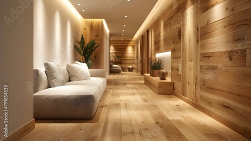 Contemporary wooden hallway decor featuring cozy furniture and modern design elements. Concept Contemporary Decor  Wooden Furniture  Hallway Design  Modern Elements  Cozy Ambiance