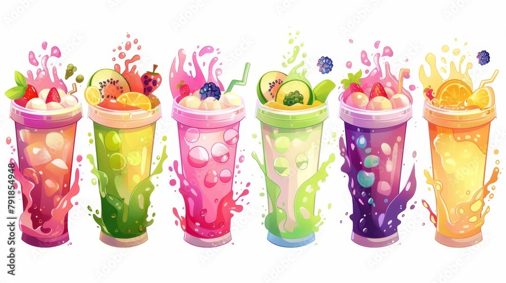 Isolated delicious milkshake and smoothie dessert clipart for cafe menu. Summer boba ice drink in cup with fruit, berries and splash illustration.
