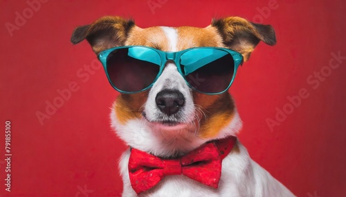  Stylish dog with sunglasses and bowtie on vibrant red background © Marko