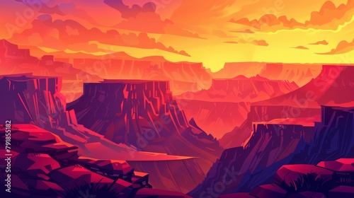 The Grand Canyon park desert at sunset cartoon modern illustration. Western mountain cliff and amazing sky background. Amazing Utah or Colorado ground terrain for an unforgettable wild travel