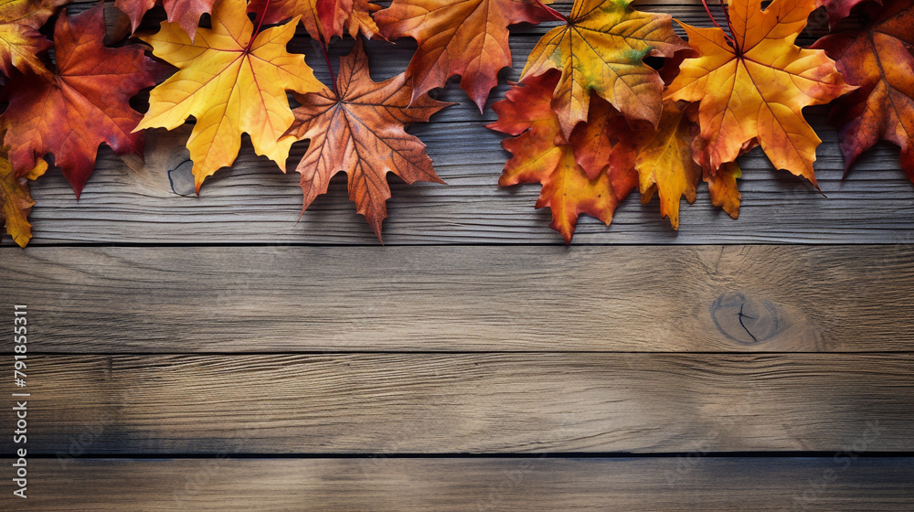 fall maples leaves border on an old wood background сreated with Generative Ai fall maples leaves border on an old wood background сreated with Generative Ai