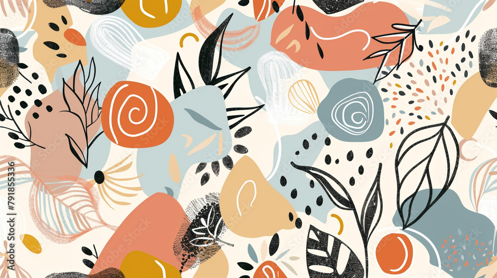 Abstract organic shapes and line art in pastel colors form a seamless pattern in an illustration flat design style with a mix of simple geometric forms. Abstract organic shapes and line art in pastel colors form a seamless pattern in an illustration flat design style with a mix of simple geometric forms.