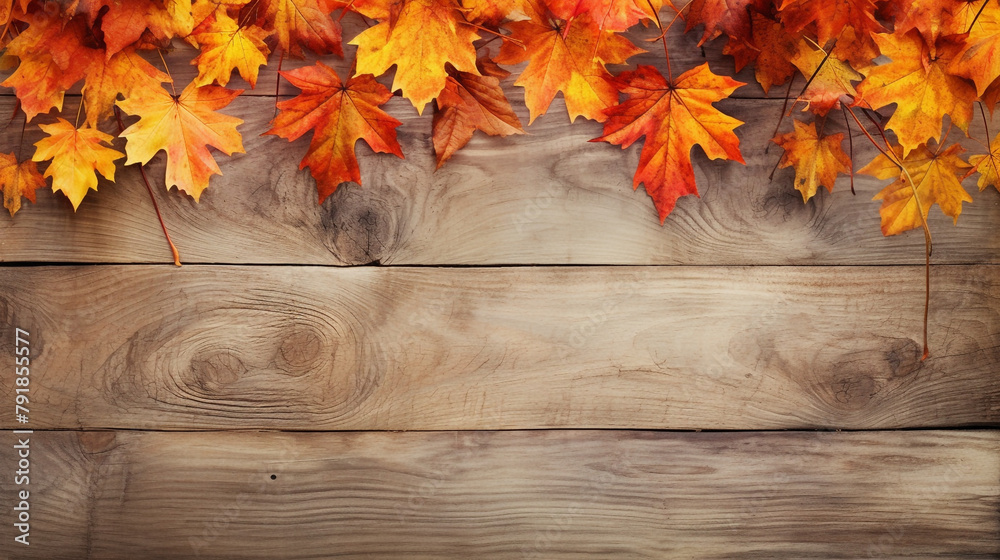 fall maples leaves border on an old wood background сreated with Generative Ai fall maples leaves border on an old wood background сreated with Generative Ai