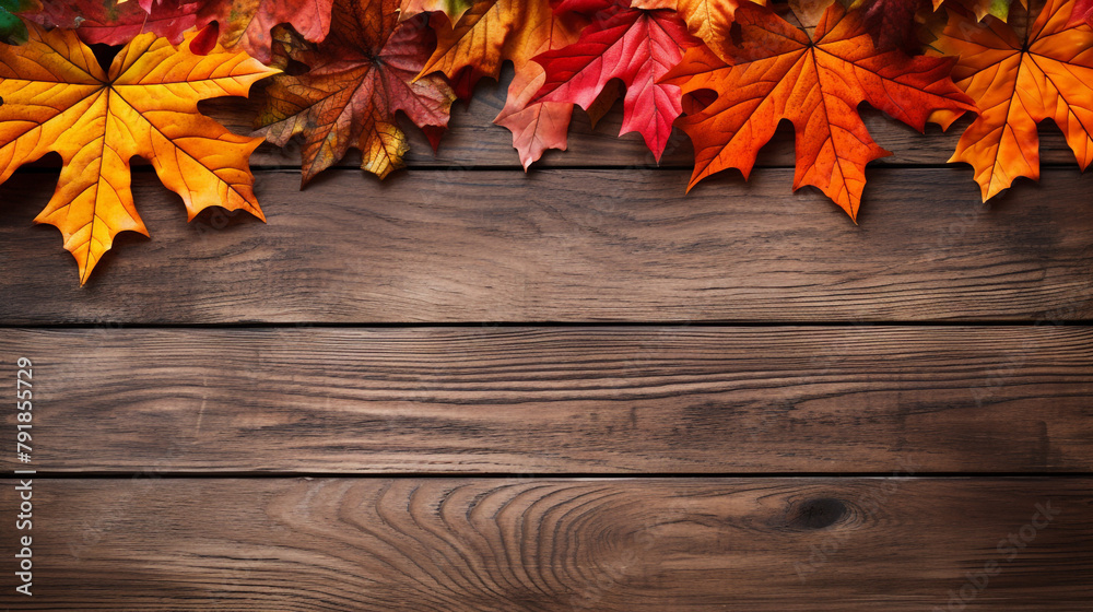 fall maples leaves border on an old wood background сreated with Generative Ai fall maples leaves border on an old wood background сreated with Generative Ai