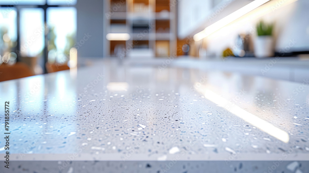 Abstract white minimalistic Scandinavian style kitchen background with the worktop close up for advertisement.