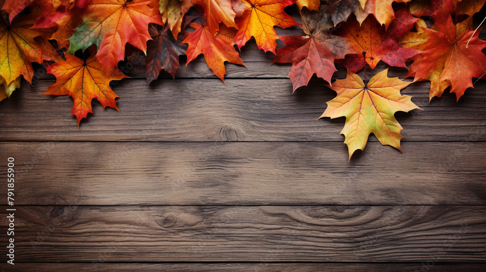 fall maples leaves border on an old wood background сreated with Generative Ai fall maples leaves border on an old wood background сreated with Generative Ai