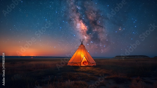 Tranquil Nighttime Camping Under a Breathtaking Starry Sky in a Remote Prairie Landscape