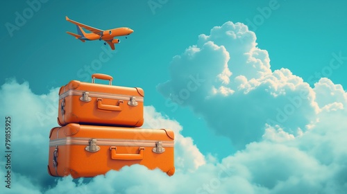 Vintage Suitcases Stacked with Plane Flying Above Clouds