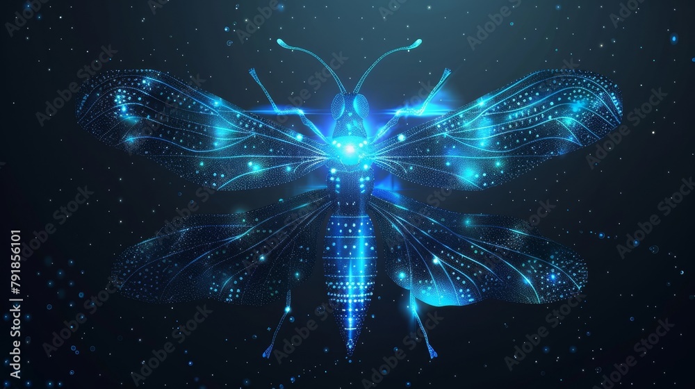 The blue firefly appears at night on a transparent background. Magic ...