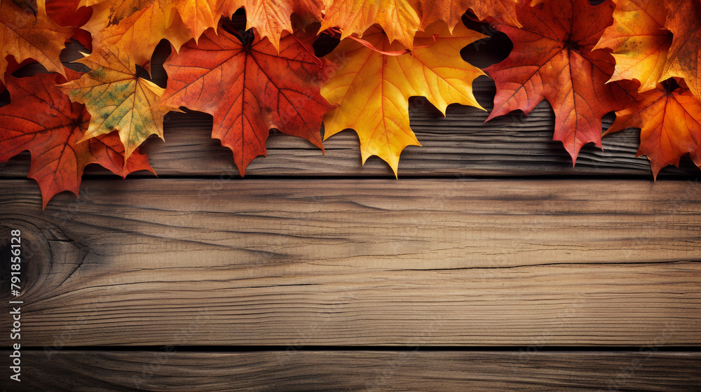 fall maples leaves border on an old wood background сreated with Generative Ai fall maples leaves border on an old wood background сreated with Generative Ai