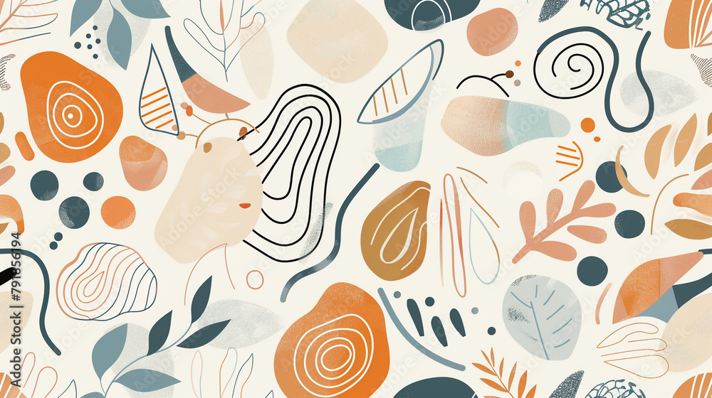 Abstract organic shapes and line art in pastel colors form a seamless pattern in an illustration flat design style with a mix of simple geometric forms. 