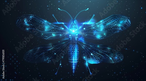 The blue firefly appears at night on a transparent background. Magic bug glow with a dot glitter particle. Summer insect design floating burst illustration. © Mark