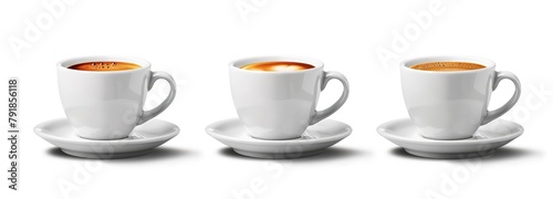 Classic white espresso cup with rich crema on top, ideal for coffee shop menus and barista mockups, beautifully isolated in front and side views on a white backdrop