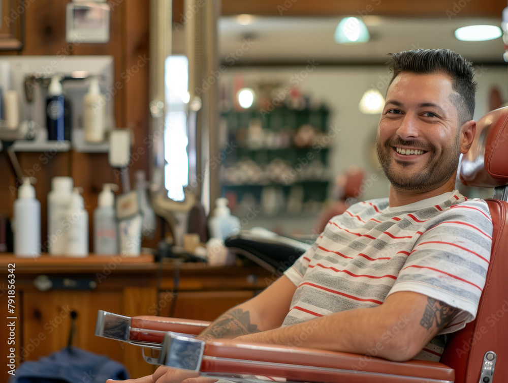 A smiling mansitting in a barber chair. 