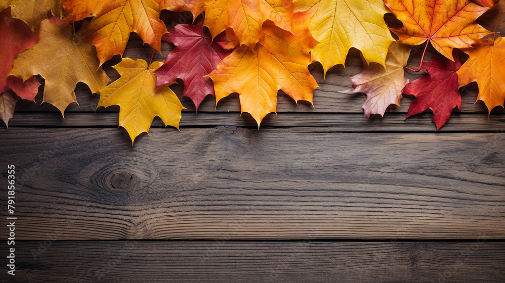 fall maples leaves border on an old wood background сreated with Generative Ai fall maples leaves border on an old wood background сreated with Generative Ai