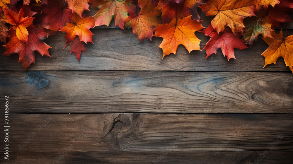 fall maples leaves border on an old wood background сreated with Generative Ai fall maples leaves border on an old wood background сreated with Generative Ai