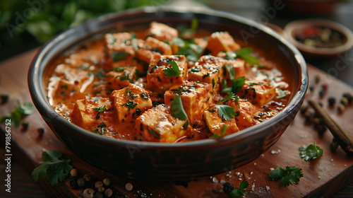 Indian Mutter paneer dish with spices on the wooden background