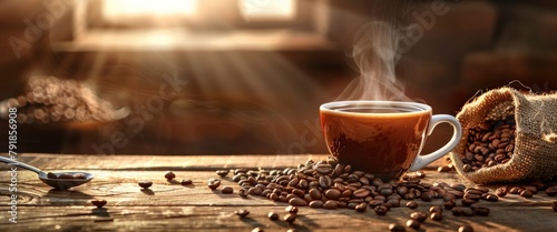 A cup of coffee with steam rising from it  surrounded scattered beans and the bag on an old wooden table.