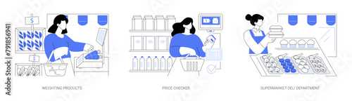 Supermarket shopping process isolated cartoon vector illustrations se