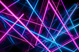 Vibrant neon blue and pink intersecting lines in abstract geometric shapes. Stunning artwork on black background.