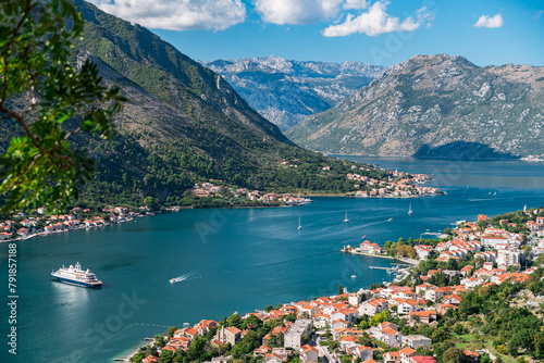 Bay of Kotor. Top view from Mount St. Ivan. Yachts and a cruise ship sail to the port.