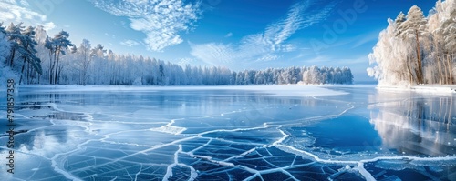 winter landscape with an icy lake reflecting the blue sky, surrounded by snow covered trees and a frozen forest in the background. photo