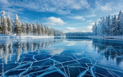 winter landscape with an icy lake reflecting the blue sky, surrounded by snow covered trees and a frozen forest in the background.