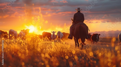 Cowboy Wrangling Cattle at Sunrise, generative ai photo