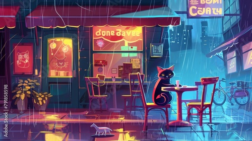 An illustration of a street cafe on a rainy night with a cat in a box. Cartoon background showing rain outside a bar window. The man sees a lonely pet near a shop on the sidewalk. An outdoor homeless