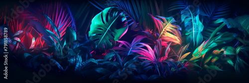 Realistic tropical leaves with neon glow , Generative AI