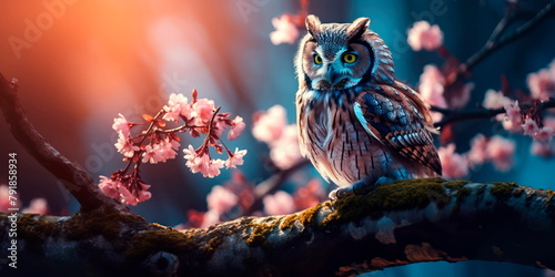 An owl sits on a branch in early spring. Beautiful bird of new life . Generative AI