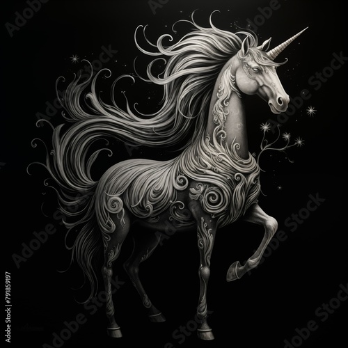 Black and White Illustration of a Unicorn on a Black Background