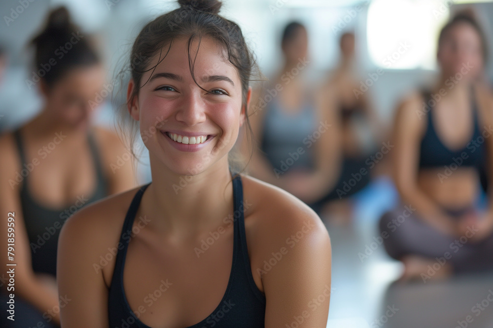 Happy Young Woman Smiling in Yoga Class