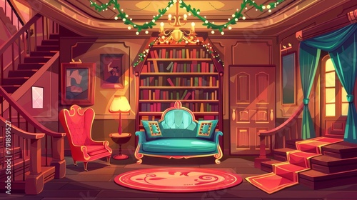 Victorian style living room with elegant couch and armchair, wooden bookshelf, vase on table, garland lights on ceiling, staircase. Modern cartoon illustration.