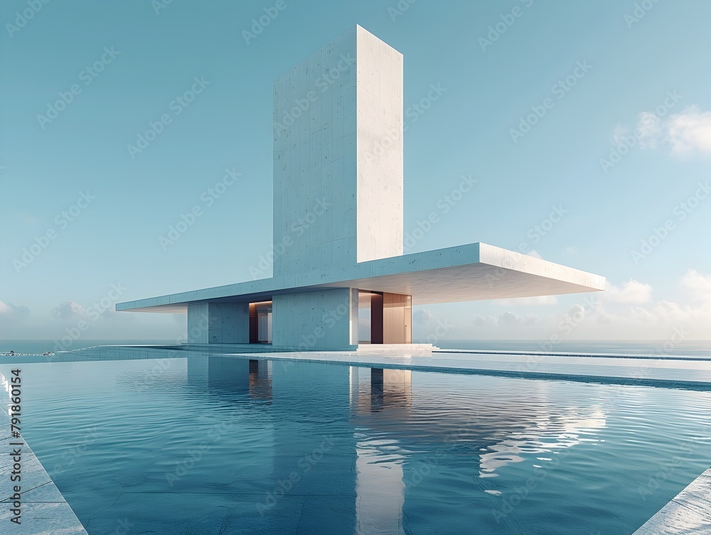 Naklejka premium Towering Minimalist Concrete Structure Standing Alone in a Serene Landscape of Clear Sky and Reflecting Pool,Exuding Futuristic Elegance and