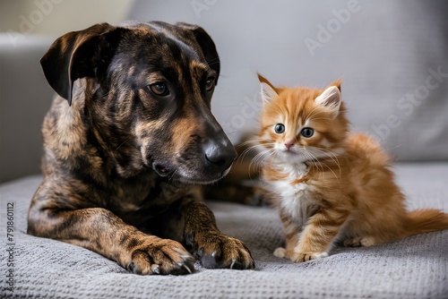 Brindle dog and fluffy orange kitten bond in peaceful indoor setting